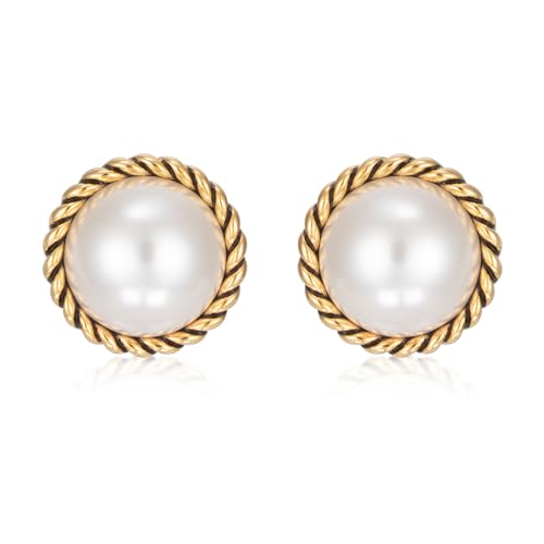 Big Pearl Earrings for Women - Dainty Elegant Gold Statement White Pearl Stud Earrings