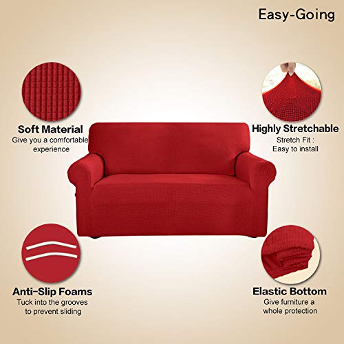 Image of Easy-Going Stretch 4 Seater Sofa Slipcover 1-Piece Sofa Cover Furniture Protector Couch Soft with Elastic Bottom for Kids, Polyester Spandex Jacquard Fabric Small Checks Christmas Red