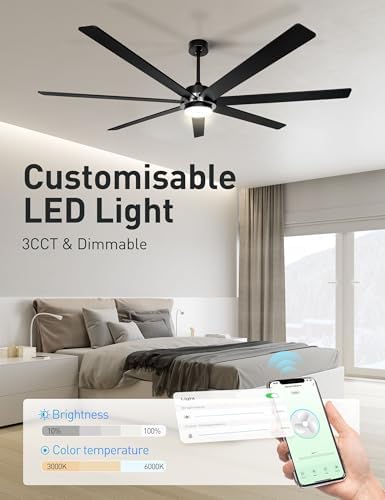 Maxslak 72" Black Smart Ceiling Fan with Light and Remote via WiFi Alexa APP Control,6 Speed Quiet DC Motor,Dimmable,7 Wood Blades Indoor Outdoor Ceiling Fans for Patios or Bedroom