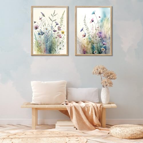 Image of Framed Colorful Flowers Bathroom Wall Art Decor, Blue Floral Picture Canvas Print White Daisy Painting Artwork for Bedroom Office Decoration 12 inchx16 inchx2 Panels