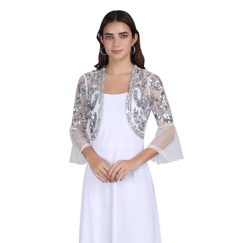 Image of Women net Sequins Embroidered Shrug with Flared Sleeves