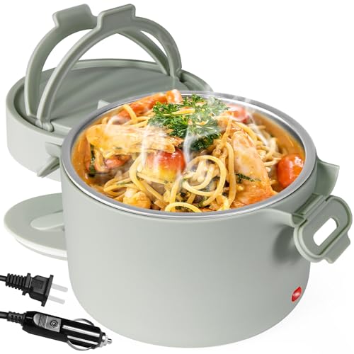 AUTOPkio 1.8L Electric Lunch Box for Adults, 12V/24V/110V Portable Food Warmer with Carry Bag & Fork Spoon, 80W Fast Heating for Car, Truck, Office & Travel Grey Green US Plug