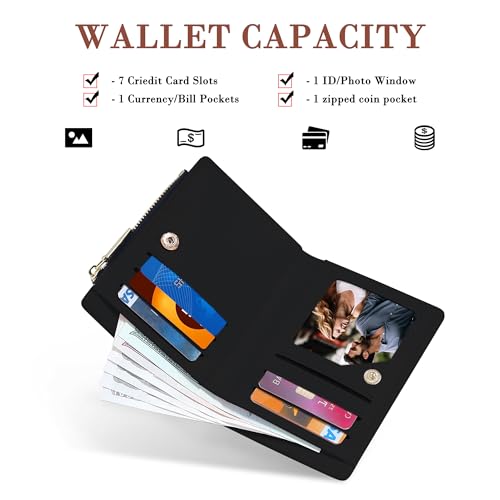 Image of CONISY Cute Wallets for Women, Leather Bifold Small Wallet with Zipper Coin Purse, RFID Blocking Wallet for Girls and Ladies, Cow Black, Moden