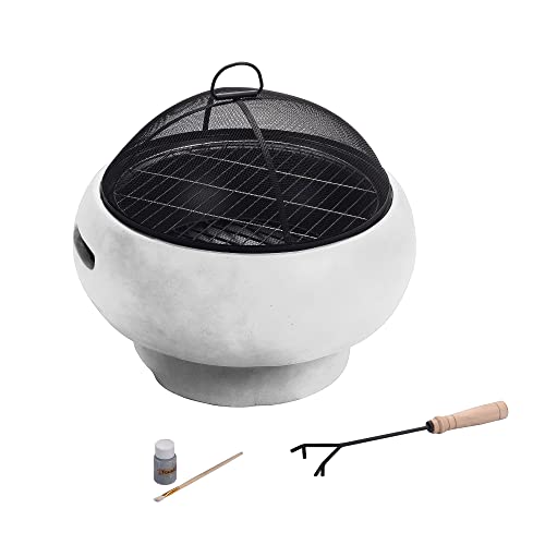 Peaktop Mgo Light Concrete Round Charcoal And Wood Burning Fire Pit For Outdoor Patio Garden Backyard With Spark Screen, Fireplace Poker, Grate, And Bbq Grill, Light Gray #TOP5