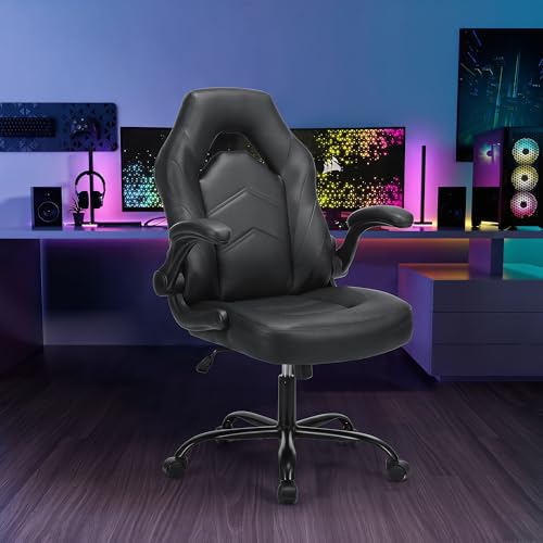 Image of Ergonomic Computer Gaming Chair - Big and Tall with Comfy Lumbar Support, Height Adjustable Home Office PU Leather with Flip-up Armrest, 360 Rolling Video Game, Black