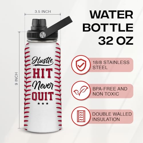Image of Baseball Water Bottle 32oz Hustle Hit Never Quit Stainless Steel Insulated Bottle for Men Women Sports Lovers Baseball Fans