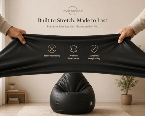 Image of Mollismoons Premium 300 GSM Stretchable Faux Leather Bean Bag Cover Only (Without Beans),Bean Bag Chair for Adults & Kids, Gaming, Study, WFH, Indoor Outdoor,45x24Inch (Midnight Black)