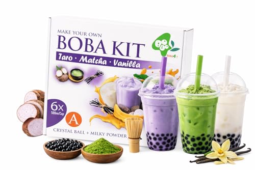 Bobo4T Bubble Tea Kit A Komplett Set für 6 Drinks | Einzeln verpackt für maximale Frische | Taro Vanille & Matcha Latte + Brauner Zucker Kristallkugeln