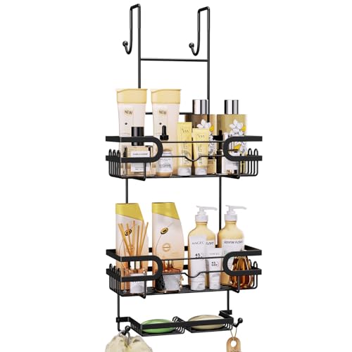 SWTYMIKI Shower Caddy Hanging, 3 Tier Over Door Shower Shelf With 16 Hooks and 2 Soap Dish