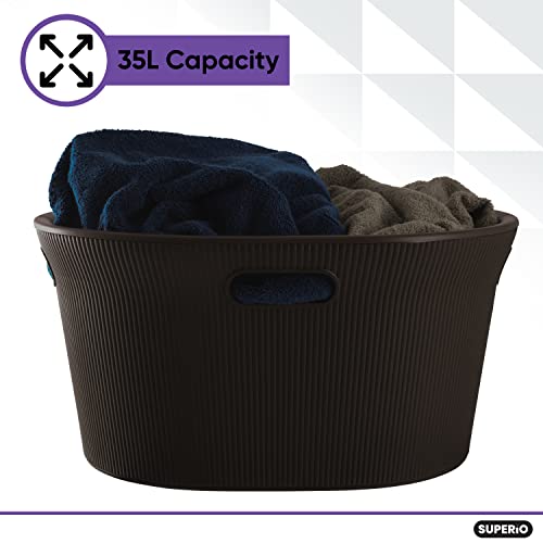 Image of Superio Ribbed Collection - Decorative Plastic Laundry Basket with Cut-Out Handles, Brown (2 Pack) Hamper Organzier for Bedroom Bathroom College Dorm Room 35 Liter