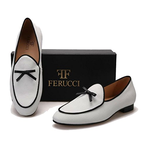 FERUCCI Handmade Men White Fabric Loafer with Bow Slippers4