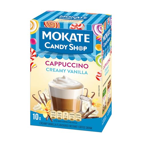 MOKATE® Candy Shop Cappuccino Cremige Vanille - 1 Box - 220g - 10 Säckchen - Instantkaffee Koffeinhaltig - Creamy Vanilla - Kaffeegetränk Aromatisch Cremiger Getränk Löslicher Kaffee Kaffeepulver