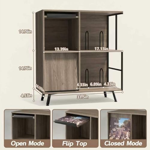 Image of Faesun 3 Tier Flip Top Record Player Stand, Vinyl Record Storage Holds up to 300+ Albums, Large Record Player Cabinet, Vintage Turntable Stand with Vinyl Display, for Living Room Bedroom, Gray