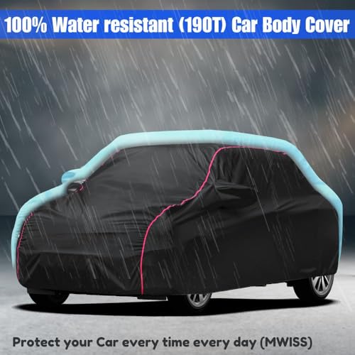 Image of Waterproof Car Cover for Tata Tiago | All-Weather Protection, Dustproof & UV Resistant | Triple Stitched Mirror Pockets, Windproof Buckle Strap with Elastic Hem, Black-Red Piping
