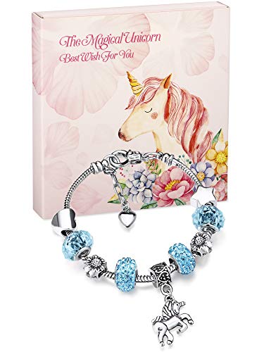 Zhanmai Unicorn Sparkly Crystal Charm Bracelet Bangle With Gift Box Set For Girl Lady (Sky Blue, 14 Cm/ 5.5 Inch) #TOP1