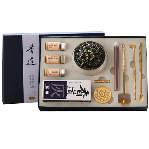 Elegantes Kupfer-Räucherkegelbrenner-Set mit Crackle Porzellan, Geschenkbox mit Sandelholz, Agarholz und Birnenholz Räucherstäbchen