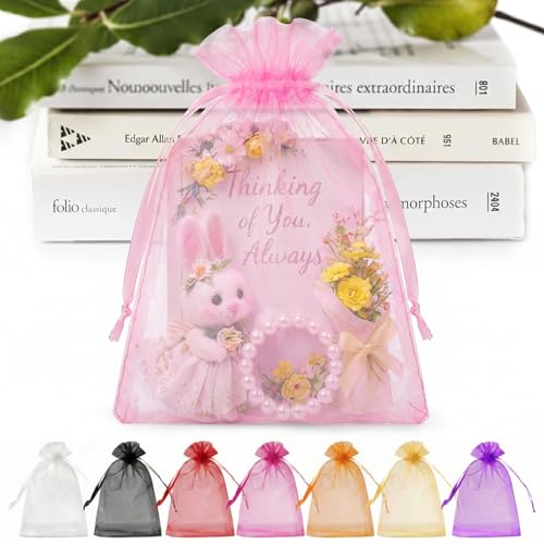 Image of ANZNKU 100PCS Sheer Pink Organza Bags 5x7 inch Mesh Bags Drawstring, Small Mesh Gift Bag for Makeup, Mesh Bag Drawstring, Organza Favor Pouches for Easter Party Wedding Mesh Festival
