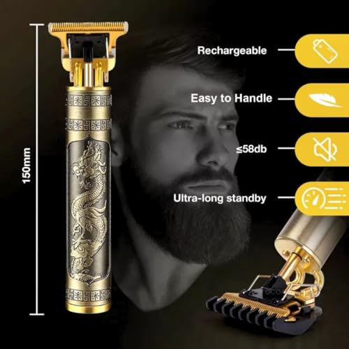 Image of Trimmer Vintage T9 | Professional Hair Trimmer, Gold Vintage Design, USB Rechargeable, 150mm Length, 4 Guide Combs, Low Noise 58db, Ultra-long Standby