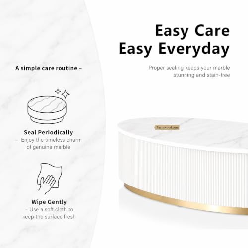 Image of Luxury Oval White Coffee Table with Nano Composite Marble-Look Top & Gold Base, Waterproof Plywood, Contemporary Center Table with Ribbed Fluted Design for Living Room & Home Decor