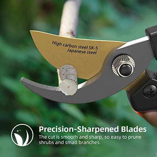 8" Pruning Shears, Pohaku Garden Shears Premium Titanium Scissors Clippers with Safety Locking Spare Spring, Bypass Hand Pruners, Branch Cutter Gardening Hand Tools for Trimming Bushes Flowers Plants - Thumbnail 2