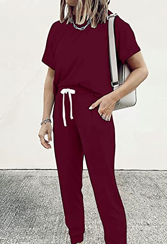 Image of PRETTYGARDEN Women Summer Two Piece Outfits Striped Short Sleeve Pullover and Long Pants Tracksuit Travel Pajama Lounge Set