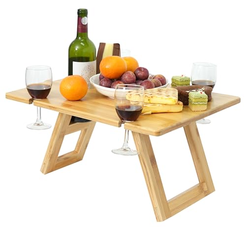 Portable Picnic Table, Foldable Table with Wine Bottle and Wine Glass Holders, Bamboo Tray Table for Camping, Beach, Park Picnic, Indoor/Outdoor Dining Table