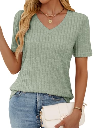 Short Sleeve Summer Shirts for Women Casual Ribbed Loose Fit Lightweight Spring Sweater Tops 20252