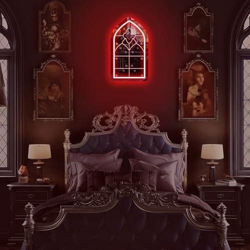 Image of Gothic Arch Window Neon Sign, Medieval Cathedral Mirror, Goth Lover Gift, Halloween Decor, Vintage Style Illuminated Mirror,Gothic Home Decoration 16.9 inchx9.6 inch