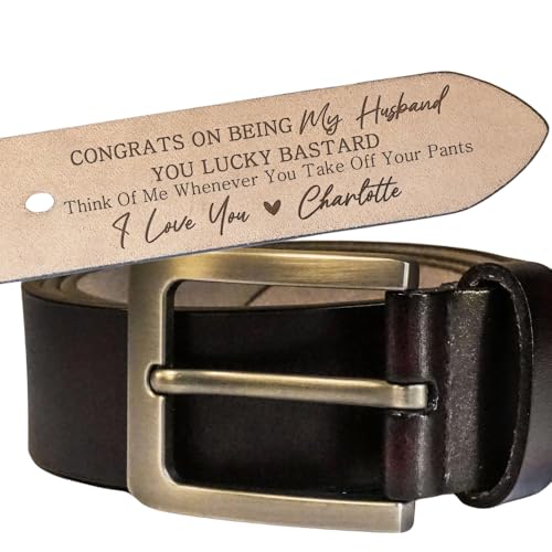 Congrats On Being My Husband You Lucky Bastard, Personalized Engraved Leather Belt for Husband - Custom Hidden Message Belt, Romantic Gift from Wife, Anniversary, Wedding Gift