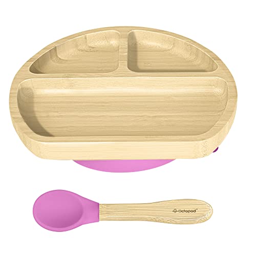 Image of Abiie Octopod Bamboo Dish - Kids Plates for 4 months and up, 3-Compartment Baby Plates with Suction, Triangle Bamboo Baby Plate, Mess-Free Toddler Suction Plates, Baby Feeding Supplies, 8.3x1.9x7.7 in