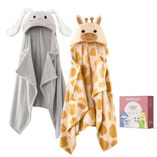 Image of Momcozy Baby Bath Towels with Visualize Health Label - Ultra Soft & Absorbent Coral Fleece Hooded Towels for Newborn, Infant, Toddler (0-36 Months) Bath Essentials (Large Size,2 Pack)