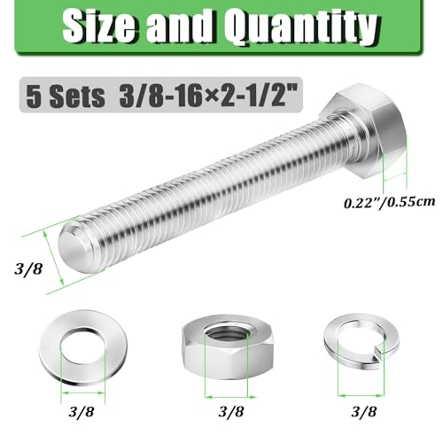 Image of 5 Sets 3 /8-16 x 2-1 /2 inch Stainless Steel Hex Head Screws Bolts, Nuts, Flat & Lock Washers,18-8(304) Full Thread