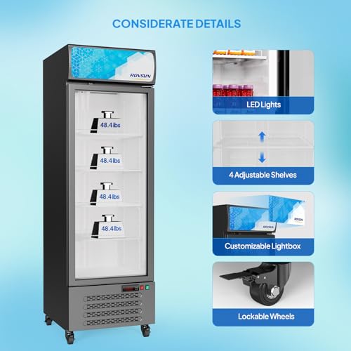 Image of ROVSUN 17 Cu.Ft Commercial Beverage Refrigerator ETL NSF, Slim Merchandiser Refrigerator Display Refrigerator Beverage Cooler Glass Door Fridge w /Adjustable Shelves LED Light for Bar Restaurant Cafe