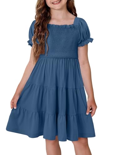 Yoklass Girls Casual Smocked Dress Square Neck Puff Short Sleeve Ruffle Dresses 4-13 Years3