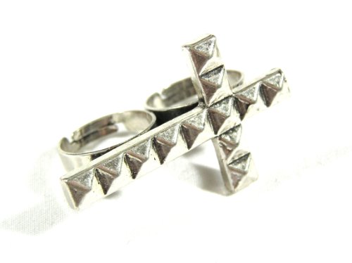 Studded Cross Double Ring Adjustable RI12 Gothic Silver Tone Pyramid Fashion Jewelry