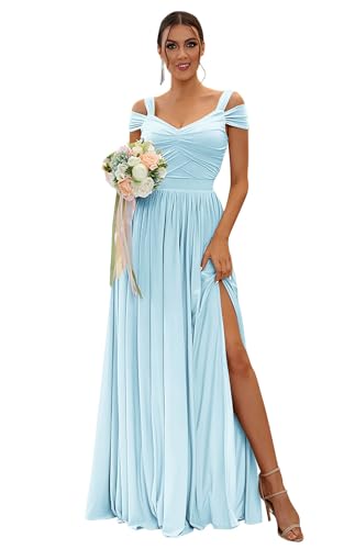 Image of SOLODISH Off The Shoulder Bridesmaid Dresses Long Chiffon Formal Evening Dresses for Women