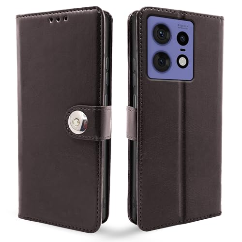 Image of Pikkme Moto Edge 50 Pro 5G Flip Cover Leather Finish | Inside TPU with Card Pockets | Wallet Stand and Shock Proof | Complete Protection Button Flip Case (Coffee)