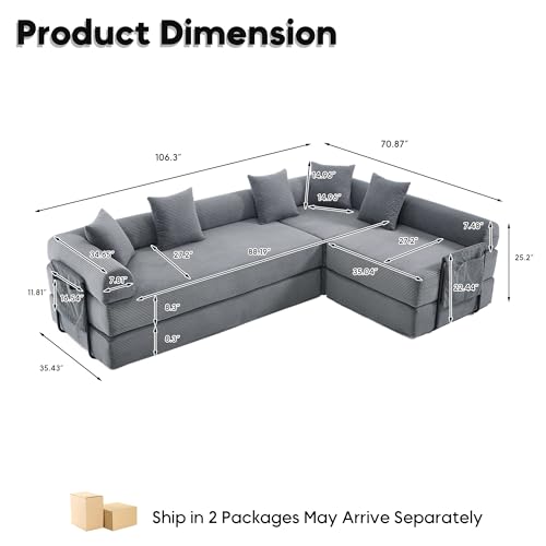 Image of L-Shape Modular Sectional Sofa Bed, Corduroy Boneless Couch, Grey