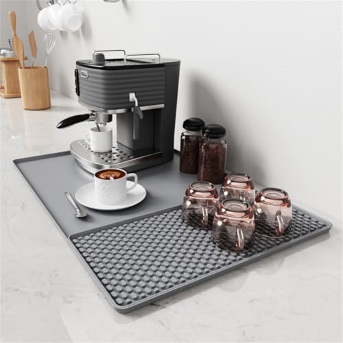 Helilyco Alfombrilla de silicona para estación de café de dos piezas, para bandeja de goteo grande con sección de secado de platos extraíble, protector de encimera de cocina antideslizante, 60 x 40 cm