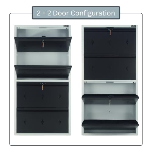 Image of Premium 4 Door Wall Mount Metal Shoe Rack | 30 inch Wide | Fits Size 12 | Dual Lock 2+2 Door Setup (Dark Brown, 4 Door)