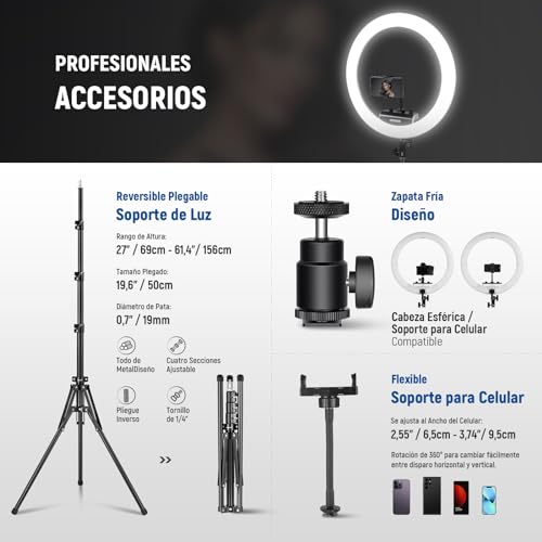 Miniatura 8 de Neewer Aro De Luz Profesional Con Soporte Y Soporte Celular,18in Ultra Delgado,45w Tlci98, Disparador Remoto Y Control App,Anillo Iluminación Suave Para Maquillaje Live Stream Tiktok,Rp18b Pro Blanco
