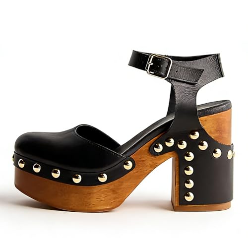 Elbslutt Women's Platform Wooden Clogs Heels with Ankle Strap High Block Heel Closed Toe Studded Clogs Sandals Mary Jane Clogs Wood Wedges Heels for Women Comfy Work Shoes,Black,US10