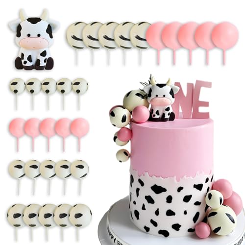 Cow-Themed Birthday Cake Decoration Set – 31 Pieces Including PVC Cow Figurine, Cow Spot Foam Balls in Various Sizes, Pink Foam Balls for Party Decorations