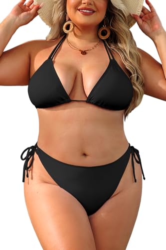 Daci Women Plus Size Triangle Bikini Sets Two Piece Double Straps Halter Swimsuit Side Tie String Sexy Bathing Suits Black 18 Plus