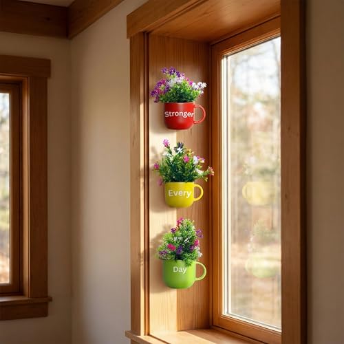 Image of Dekorly Wall Hanging Mug Planters with Artificial Flowers (20CM) - Decorative Hanging Cups, Colorful Floral Wall Decor for Living Room Bedroom Balcony Office Gift Set (3, Stronger Every Day)