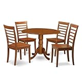 East West Furniture DLML5-SBR-W - Juego de mesa y sillas de cocina de 5 piezas que incluye una mesa de comedor redonda con caída y 4 sillas de comedor, color marrón