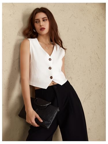 Women's Button Down Cropped Vest Top V Neck Sleeveless Split Hem Business Casual Tops3