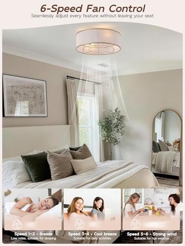 Image of Gold Flush Mount Ceiling Fans with Lights, 20 inch Caged Boho Ceiling Fan with Light and Remote, Bladeless with 6 Speeds for Bedroom, Nursery, Living Room