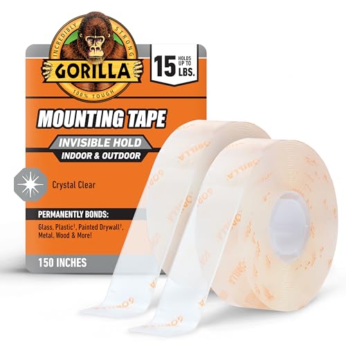 Gorilla Invisible Hold Mounting Tape, 1' x 150' (Pack of 2), Clear Double Sided Tape for Strong...