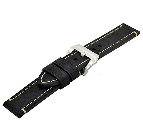 Black 22Mm Genuine Leather Wristwatch Watch Band Oil Tan Vintage Watchband For Men With Stainless Buckle #TOP3